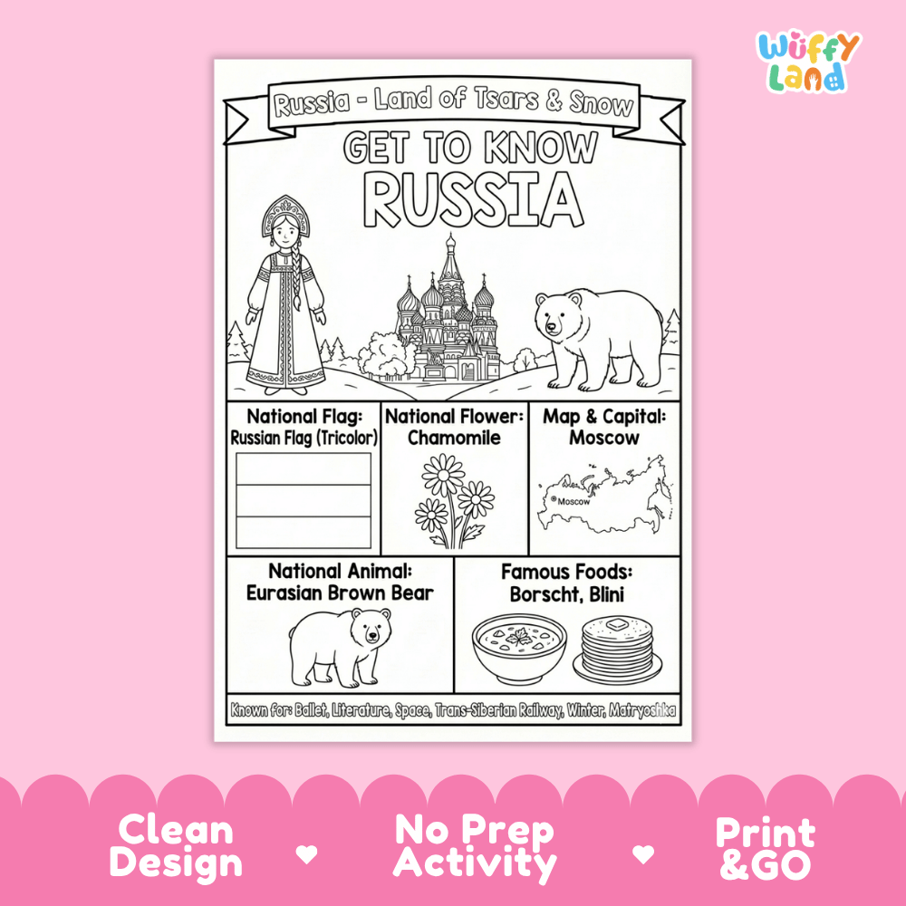Russia Geography Coloring Poster and Fact Sheet Printables