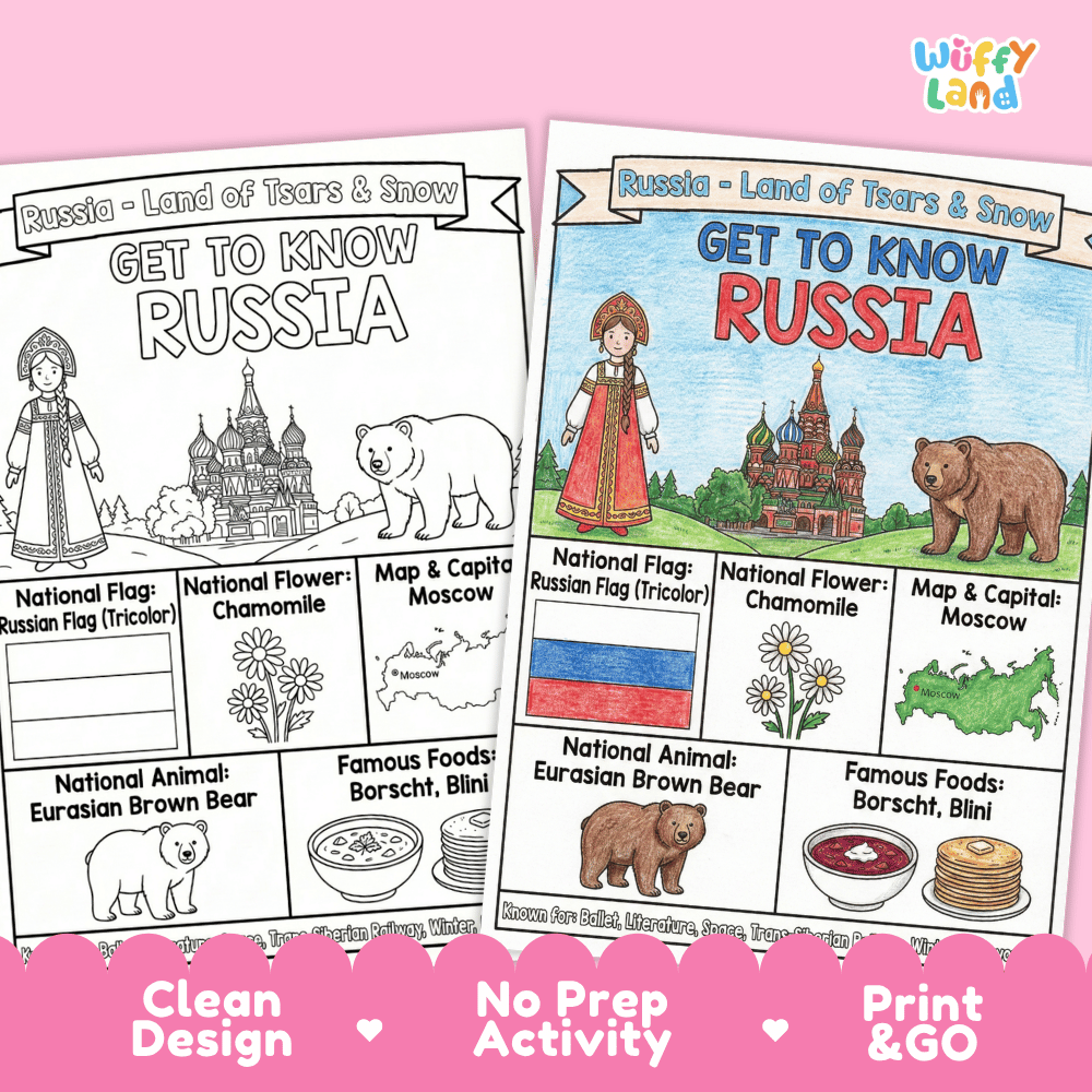 Russia Geography Coloring Poster and Fact Sheet Printables