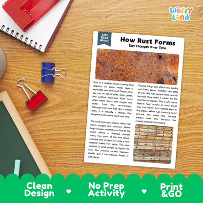 Printable student worksheet with short-answer reading comprehension questions covering rust and chemistry