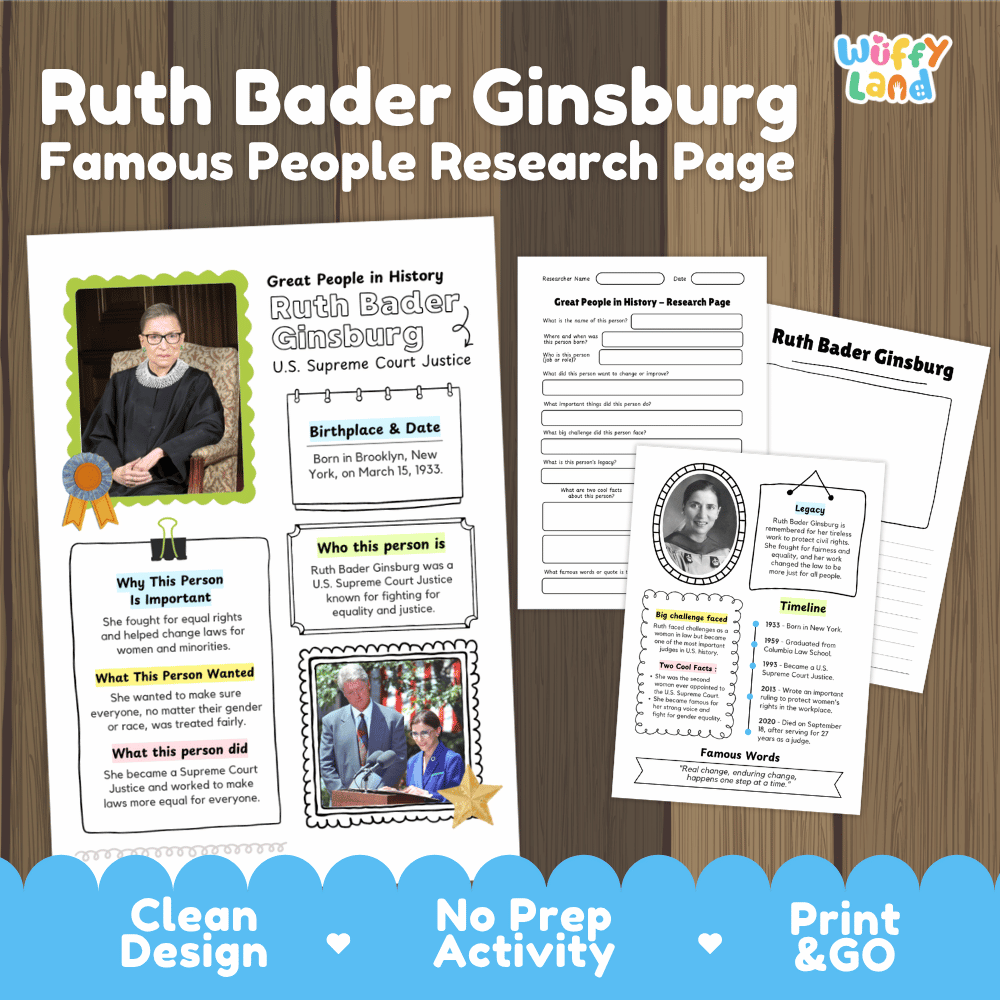 Ruth Bader Ginsburg Famous People Research Page Worksheets