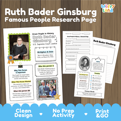 Ruth Bader Ginsburg Famous People Research Page Worksheets