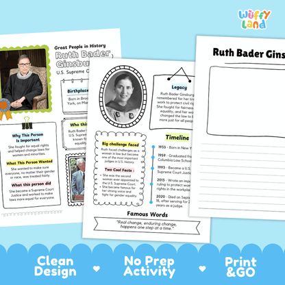 Ruth Bader Ginsburg Famous People Research Page Worksheets