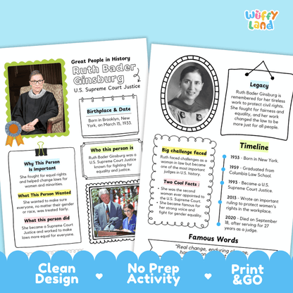 Ruth Bader Ginsburg Famous People Research Page Worksheets
