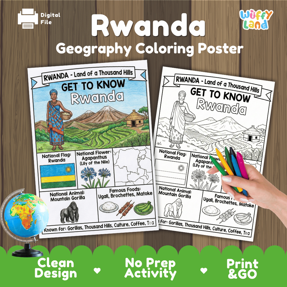 Rwanda Geography Coloring Poster and Fact Sheet Printable Worksheets