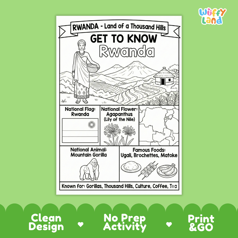 Rwanda Geography Coloring Poster and Fact Sheet Printable Worksheets