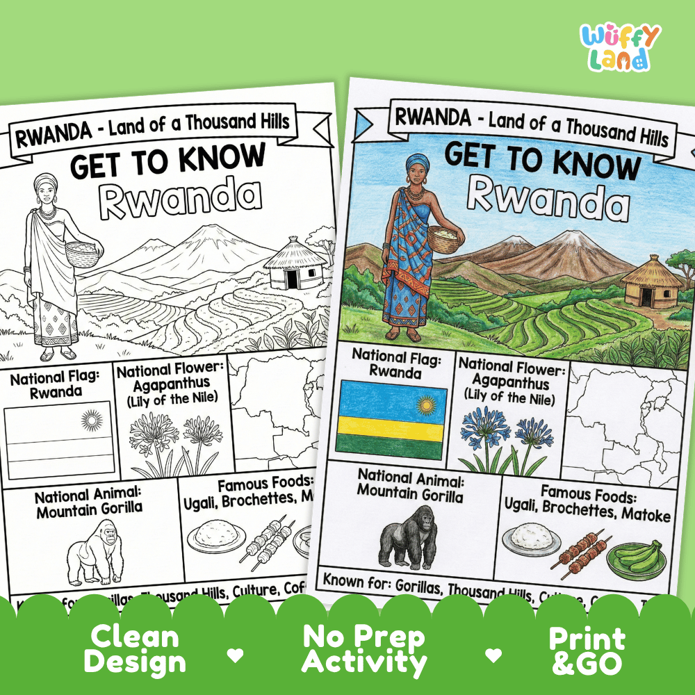 Rwanda Geography Coloring Poster and Fact Sheet Printable Worksheets