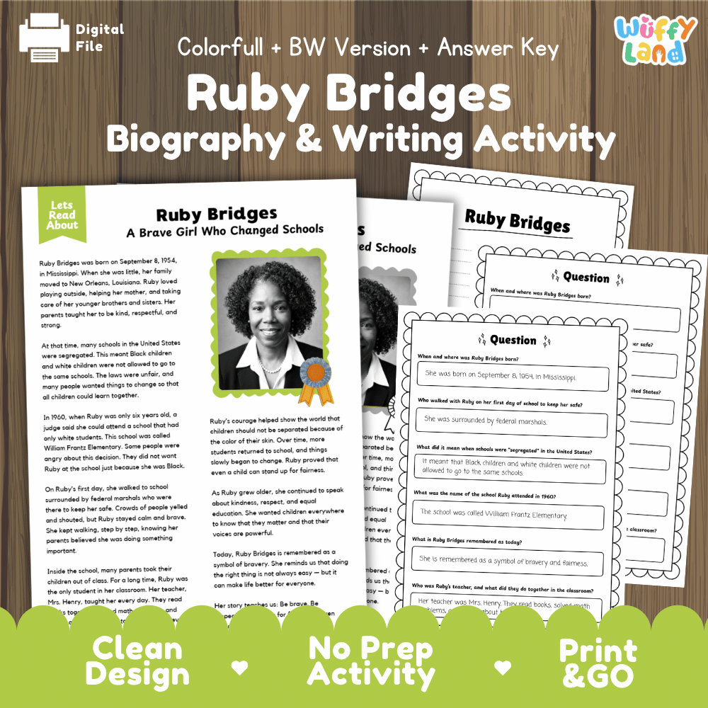 Ruby Bridges Biography and Writing Activity Worksheets