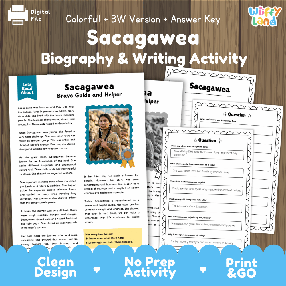 Digital worksheet bundle cover for a 'Sacagawea Biography & Writing Activity' by Uffy Land, showing preview pages of a colorless-and-black printable file on a wood background with a blue 'Print & Go' banner.