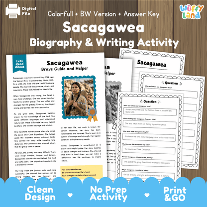 Digital worksheet bundle cover for a 'Sacagawea Biography & Writing Activity' by Uffy Land, showing preview pages of a colorless-and-black printable file on a wood background with a blue 'Print & Go' banner.