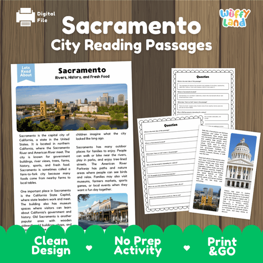 Sacramento city reading passages and comprehension worksheet educational unit featuring nonfiction text and authentic Sacramento California Tower Bridge and river photography
