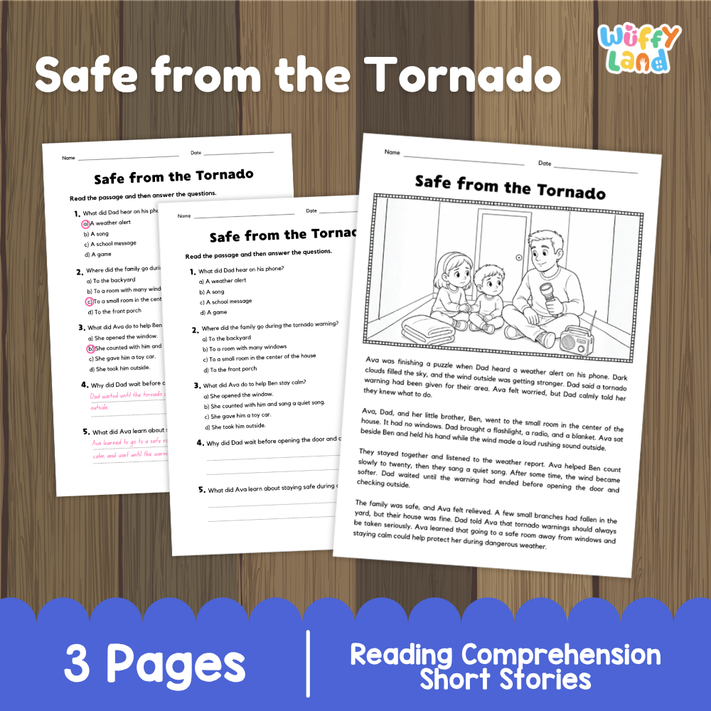 Three printable reading comprehension worksheet pages titled 'Safe from the Tornado' shown on a wood-textured background with a blue banner reading '3 Pages' and 'Reading Comprehension Short Stories.' The top right shows the brand name 'Wiffy Wiff.