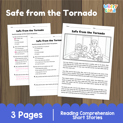 Three printable reading comprehension worksheet pages titled 'Safe from the Tornado' shown on a wood-textured background with a blue banner reading '3 Pages' and 'Reading Comprehension Short Stories.' The top right shows the brand name 'Wiffy Wiff.