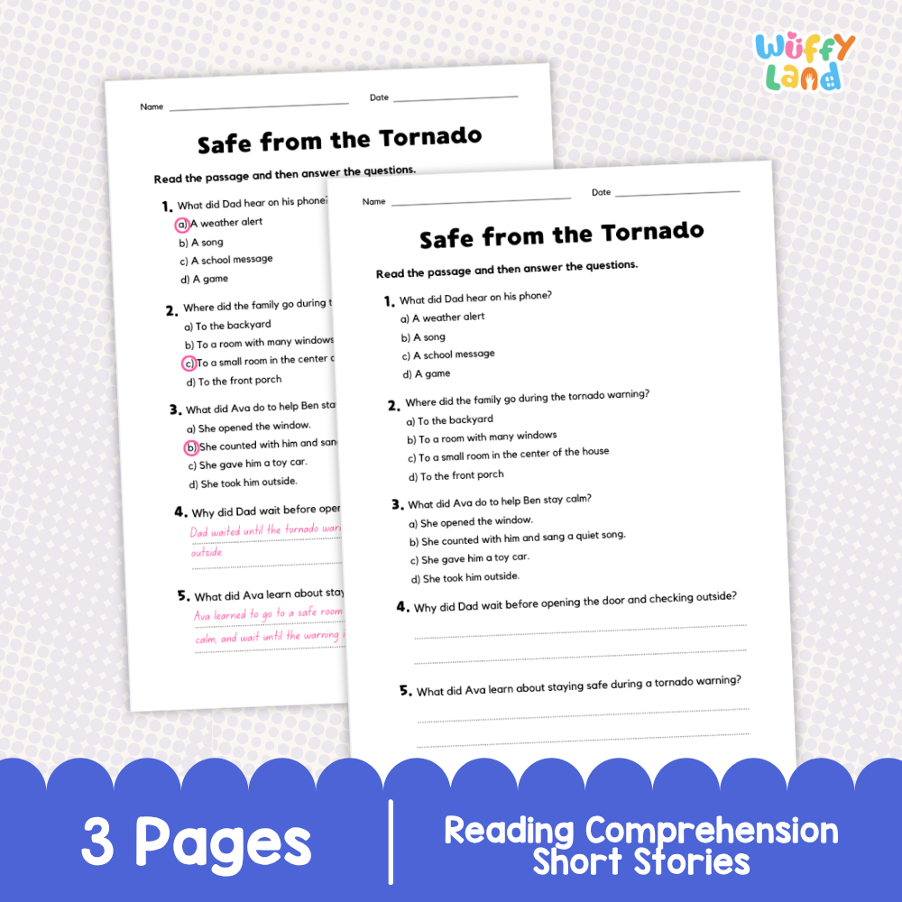 A printable educational worksheet set titled 'Safe from the Tornado' shown on a white page with multiple choice questions, plus a blue banner at the bottom reading '3 Pages' and 'Reading Comprehension Short Stories.' The brand name 'Wuffly Land' appears in the top right corner.