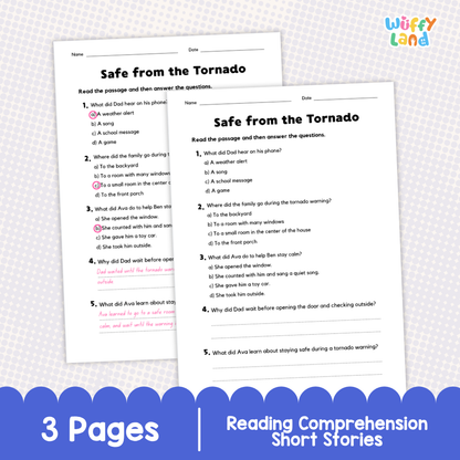 A printable educational worksheet set titled 'Safe from the Tornado' shown on a white page with multiple choice questions, plus a blue banner at the bottom reading '3 Pages' and 'Reading Comprehension Short Stories.' The brand name 'Wuffly Land' appears in the top right corner.