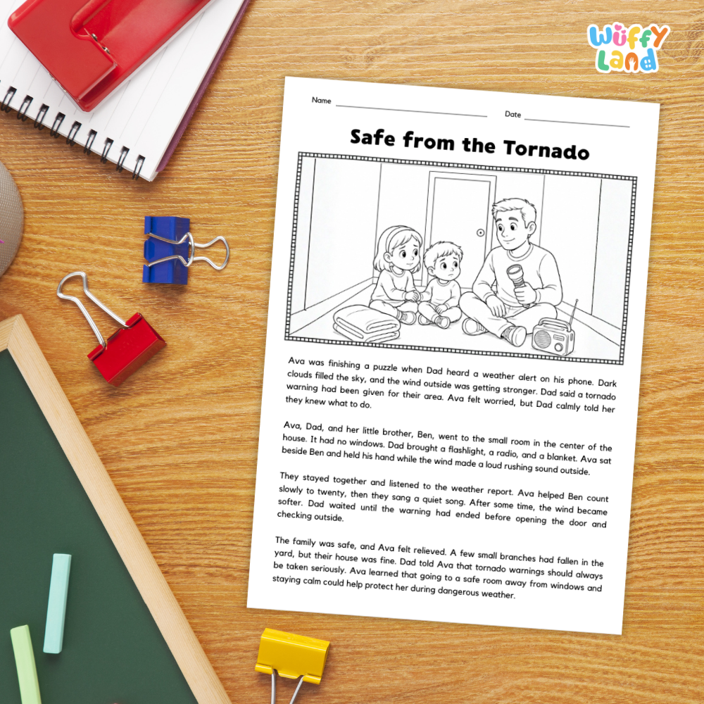 A children's tornado safety worksheet titled "Safe from the Tornado" printed on a white sheet, placed on a wooden desk with a red notebook, blue binder clip, yellow highlighter, and other school supplies around it. The logo for "Wuffy Land" appears in the top right corner.