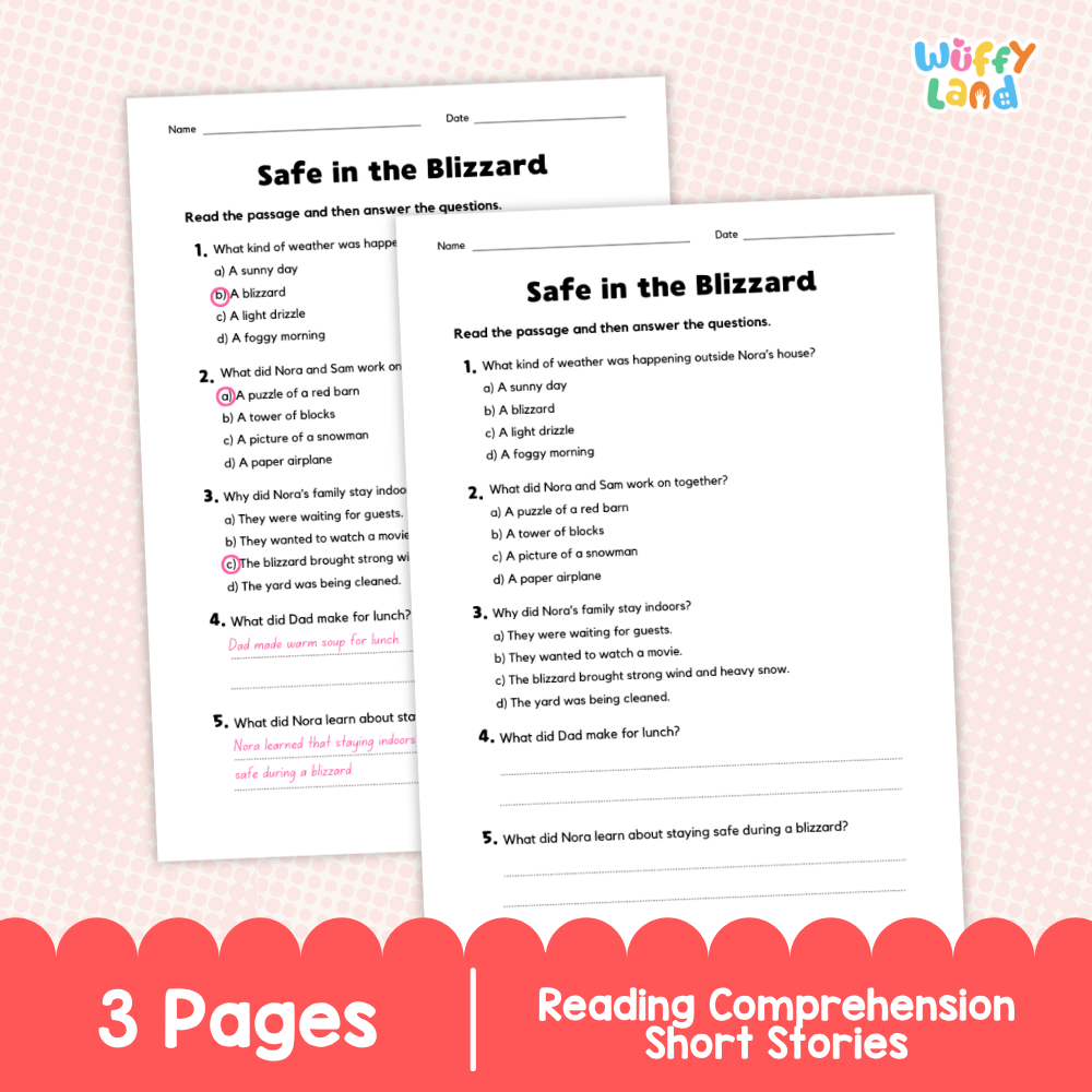A reading comprehension worksheet titled 'Safe in the Blizzard' shown on a white page with pink and blue text, placed on a pink patterned background. A red banner at the bottom reads '3 Pages | Reading Comprehension Short Stories.