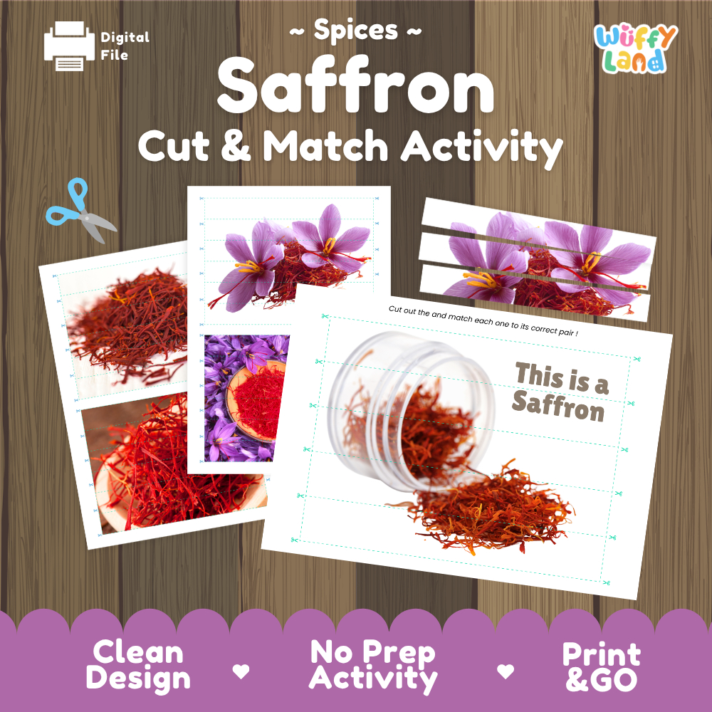 Saffron cut and match activity cover showing printable fine motor puzzle sheets and spice photographs