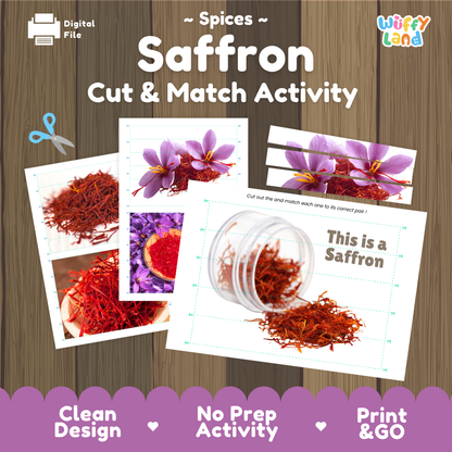 Saffron cut and match activity cover showing printable fine motor puzzle sheets and spice photographs