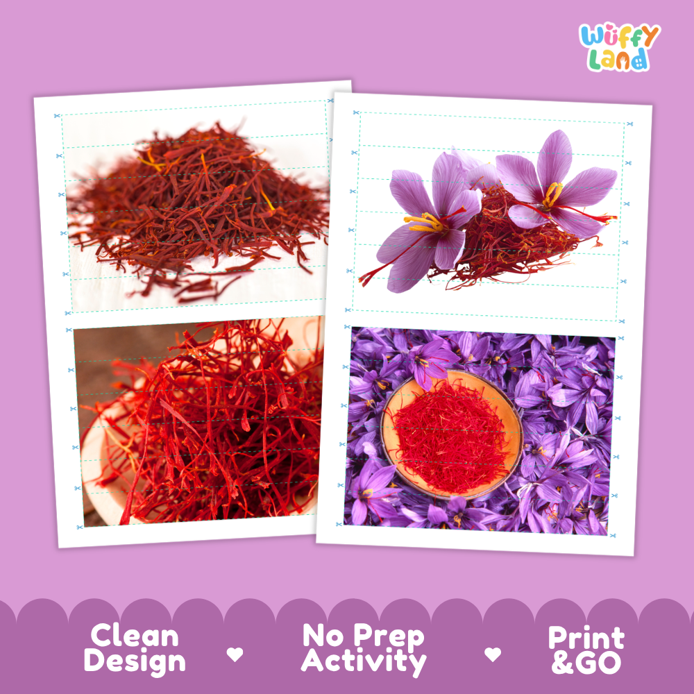 Printable activity sheets featuring photographic saffron puzzle boards and cutting guides