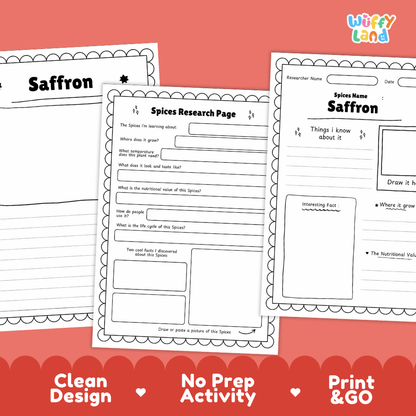 Saffron Spices Research Page Worksheets and Fact Sheet