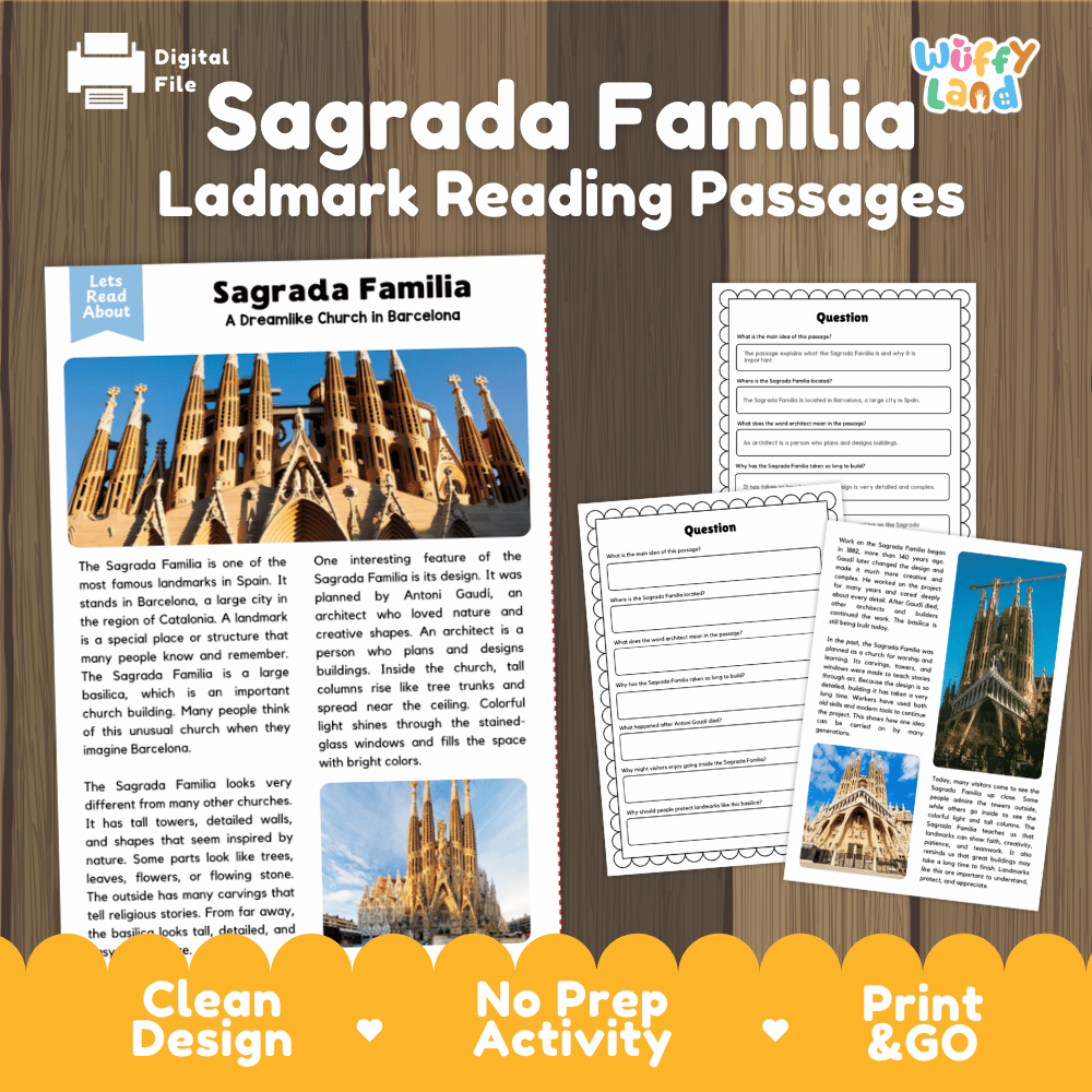 Sagrada Familia Landmark Reading Passages and Comprehension Worksheets