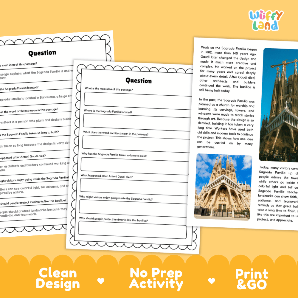 Sagrada Familia Landmark Reading Passages and Comprehension Worksheets
