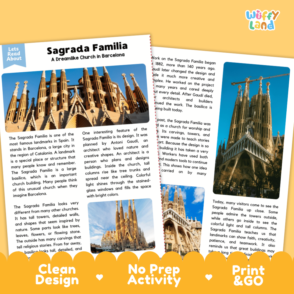 Sagrada Familia Landmark Reading Passages and Comprehension Worksheets