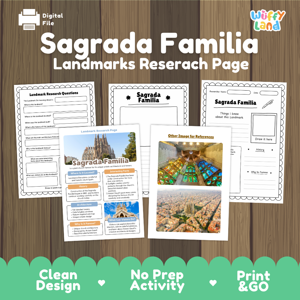 Digital preview of a printable educational worksheet set titled 'Sagrada Familia Landmarks Research Page' on a wood background, showing several printed activity pages and a main research page with photos of the Sagrada Familia.
