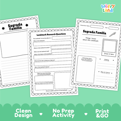 Three printable worksheet pages for a Sagrada Familia landmark research activity, shown on a mint green background with the text 'Clean Design', 'No Prep Activity', and 'Print & GO'. The pages are white with black text and border lines, and the 'Wiffy Land' brand logo appears in the top right.