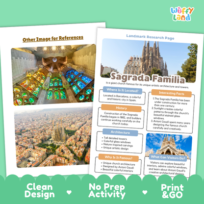 An educational activity sheet titled 'Sagrada Familia Landmark Research Page' from the brand 'Wiffly Land', displayed alongside a reference photo of the cathedral. The sheet features colorful text boxes detailing the history, architecture, and visitor tips of the landmark.