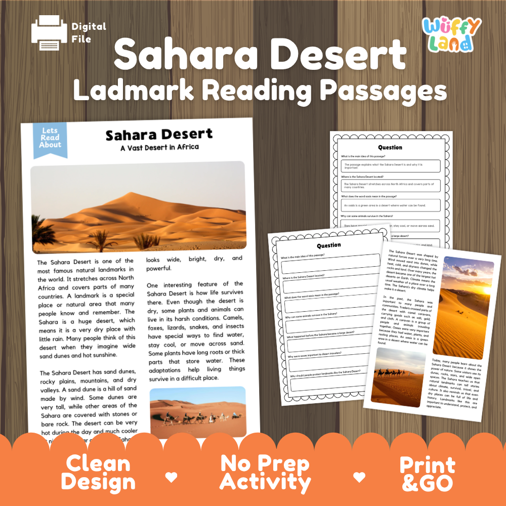 Sahara Desert Landmark Reading Passages and Comprehension Questions Worksheets