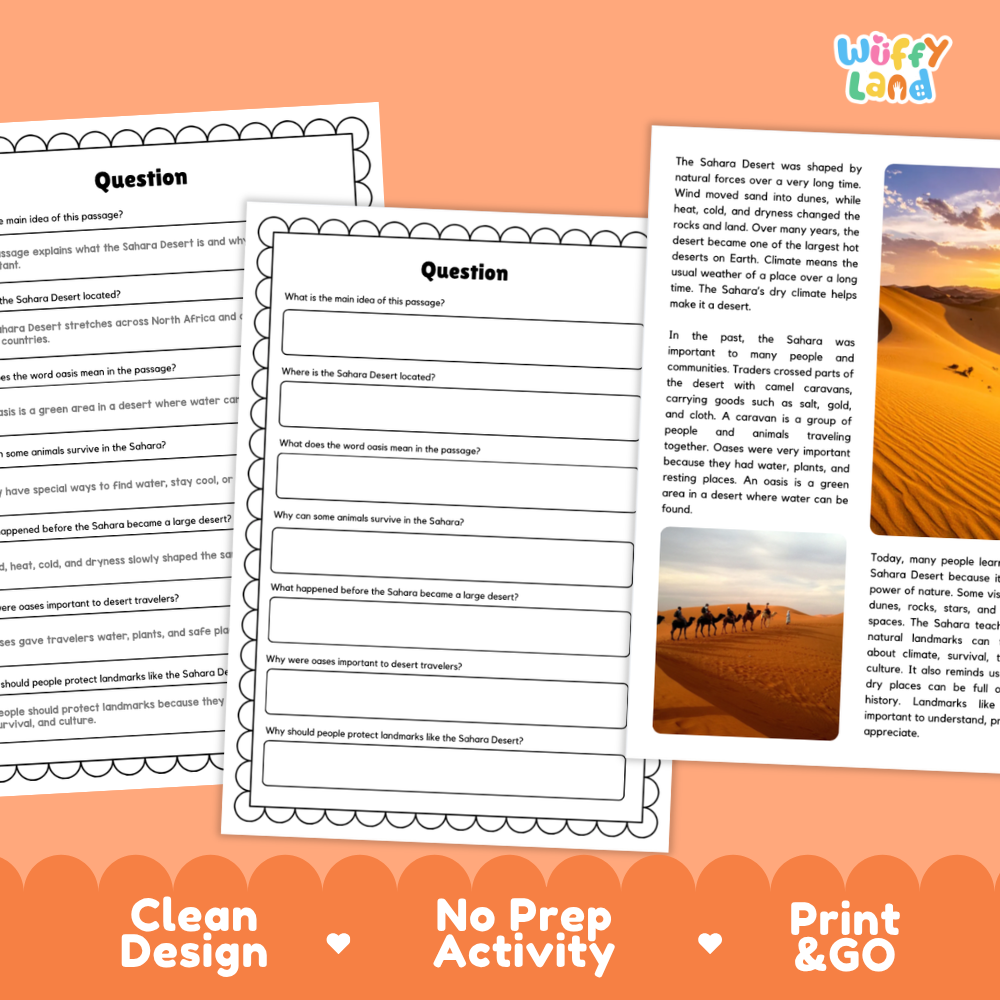 Educational worksheet and reading activity bundle for the Sahara Desert, featuring printable pages with text, fill-in questions, and a reading passage, displayed on an orange background with 'Clean Design', 'No Prep Activity', and 'Print & GO' badges.