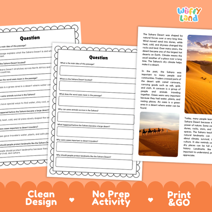 Educational worksheet and reading activity bundle for the Sahara Desert, featuring printable pages with text, fill-in questions, and a reading passage, displayed on an orange background with 'Clean Design', 'No Prep Activity', and 'Print & GO' badges.