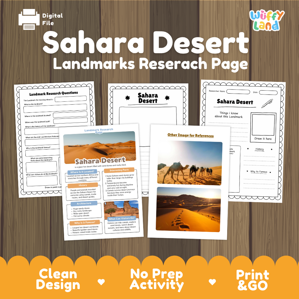 Digital worksheet cover for a 'Sahara Desert Landmarks Research Page' activity, showing several printed worksheet pages and reference cards arranged on a wood background with promotional text at the bottom.