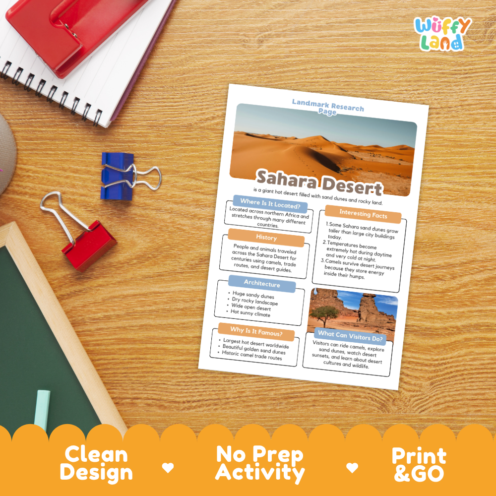 An educational 'Landmark Research Card' about the Sahara Desert is displayed on a wooden desk alongside school supplies like a red notebook, blue binder clips, and a green chalkboard. The card features a clean, colorful layout with text and desert images.
