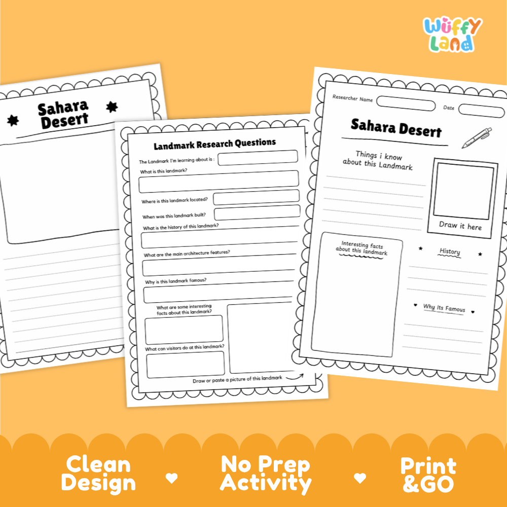 Three printable worksheet pages for a 'Sahara Desert' landmark activity, displayed on an orange background with the brand name 'Wiffy Land' in the top right. The pages include fields for notes, drawing space, and questions about the landmark.