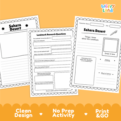 Three printable worksheet pages for a 'Sahara Desert' landmark activity, displayed on an orange background with the brand name 'Wiffy Land' in the top right. The pages include fields for notes, drawing space, and questions about the landmark.