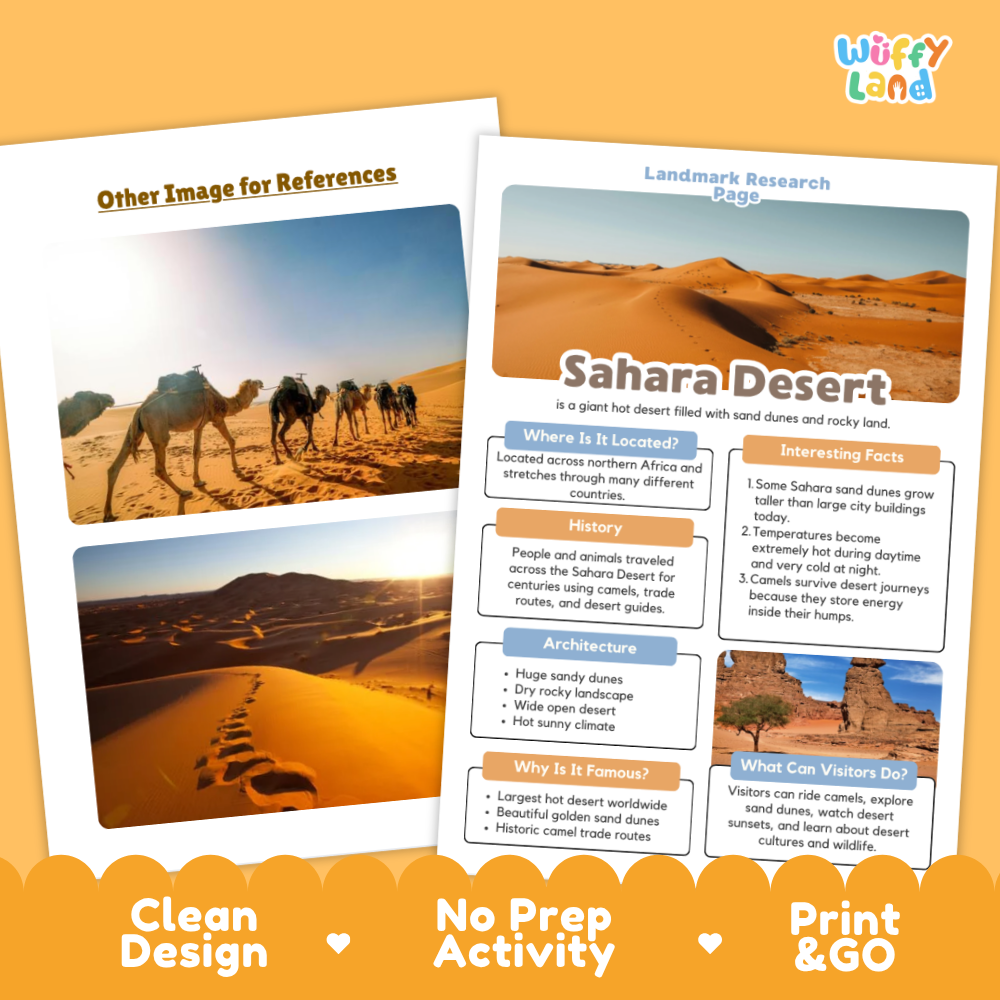 Two printed educational poster sheets about Sahara Desert displayed on an orange background. The sheets include desert photographs, text sections such as Landmark Research Fogs, Sahara Desert, Where Is It Located, Interesting Facts, History, Architecture, Why Is It Famous, and What Can You Do, with the brand name Wiffy Land in the top right.