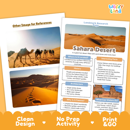 Two printed educational poster sheets about Sahara Desert displayed on an orange background. The sheets include desert photographs, text sections such as Landmark Research Fogs, Sahara Desert, Where Is It Located, Interesting Facts, History, Architecture, Why Is It Famous, and What Can You Do, with the brand name Wiffy Land in the top right.