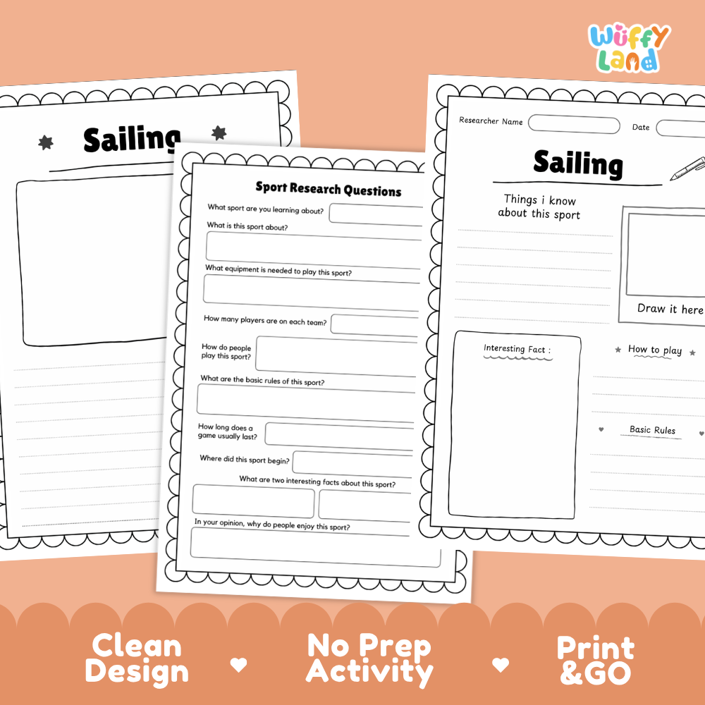 Three printable worksheet pages for a sailing activity, shown on a peach background with the text 'Clean Design', 'No Prep Activity', and 'Print & GO'. The pages are black and white with sections for questions, notes, and drawings, and the brand 'Wiffly Land' appears in the top right corner.