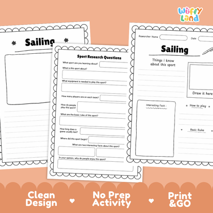 Three printable worksheet pages for a sailing activity, shown on a peach background with the text 'Clean Design', 'No Prep Activity', and 'Print & GO'. The pages are black and white with sections for questions, notes, and drawings, and the brand 'Wiffly Land' appears in the top right corner.