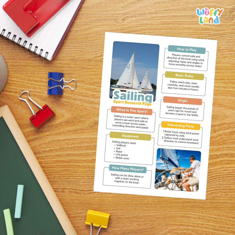 A printed sailing sport research page laid on a wooden desk, surrounded by school supplies including a red spiral notebook, blue and red binder clips, a green chalkboard, and chalk. The page features a blue sailing boat photo and text sections about how to play, basic rules, origin, environment, and interesting facts.