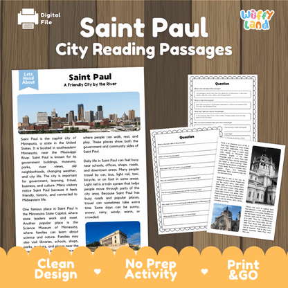 Saint Paul city reading passages and comprehension worksheet educational unit featuring nonfiction text and authentic Saint Paul Minnesota capitol and river photography