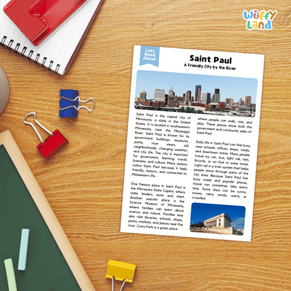 Lined reading comprehension question worksheet covering main ideas vocabulary terms and landmark facts about Saint Paul Minnesota