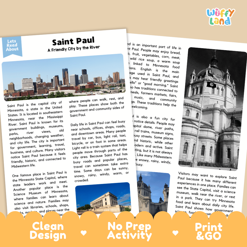 Reference sheet and answer key for Saint Paul landmark reading passage displaying completed comprehension answers and United States geography facts