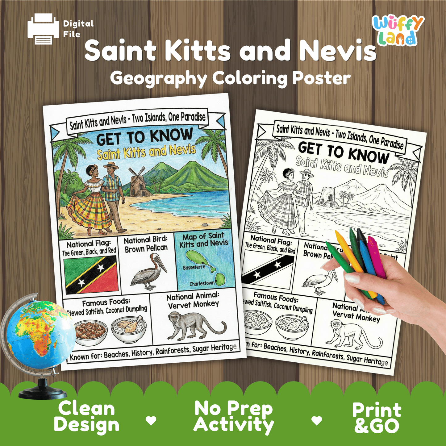 Saint Kitts and Nevis Country Study Geography Coloring Page Worksheet Activity