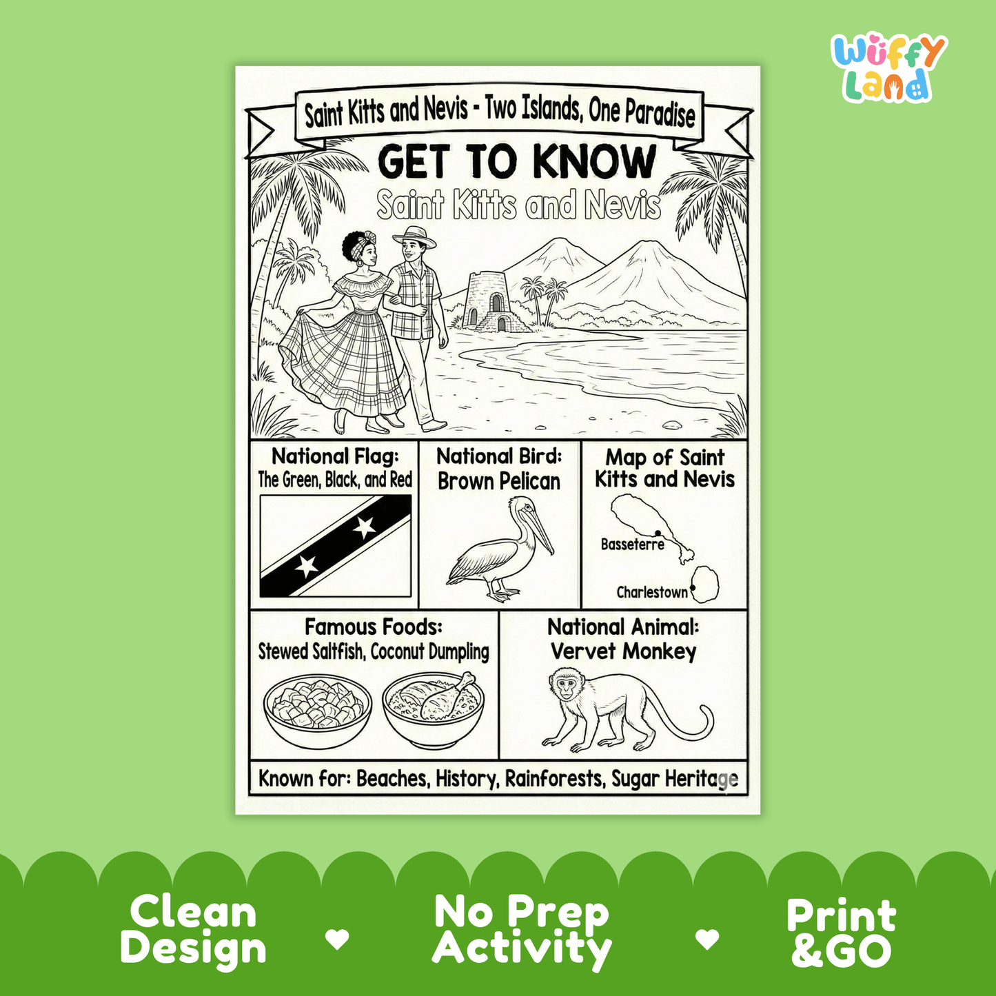 Saint Kitts and Nevis Country Study Geography Coloring Page Worksheet Activity