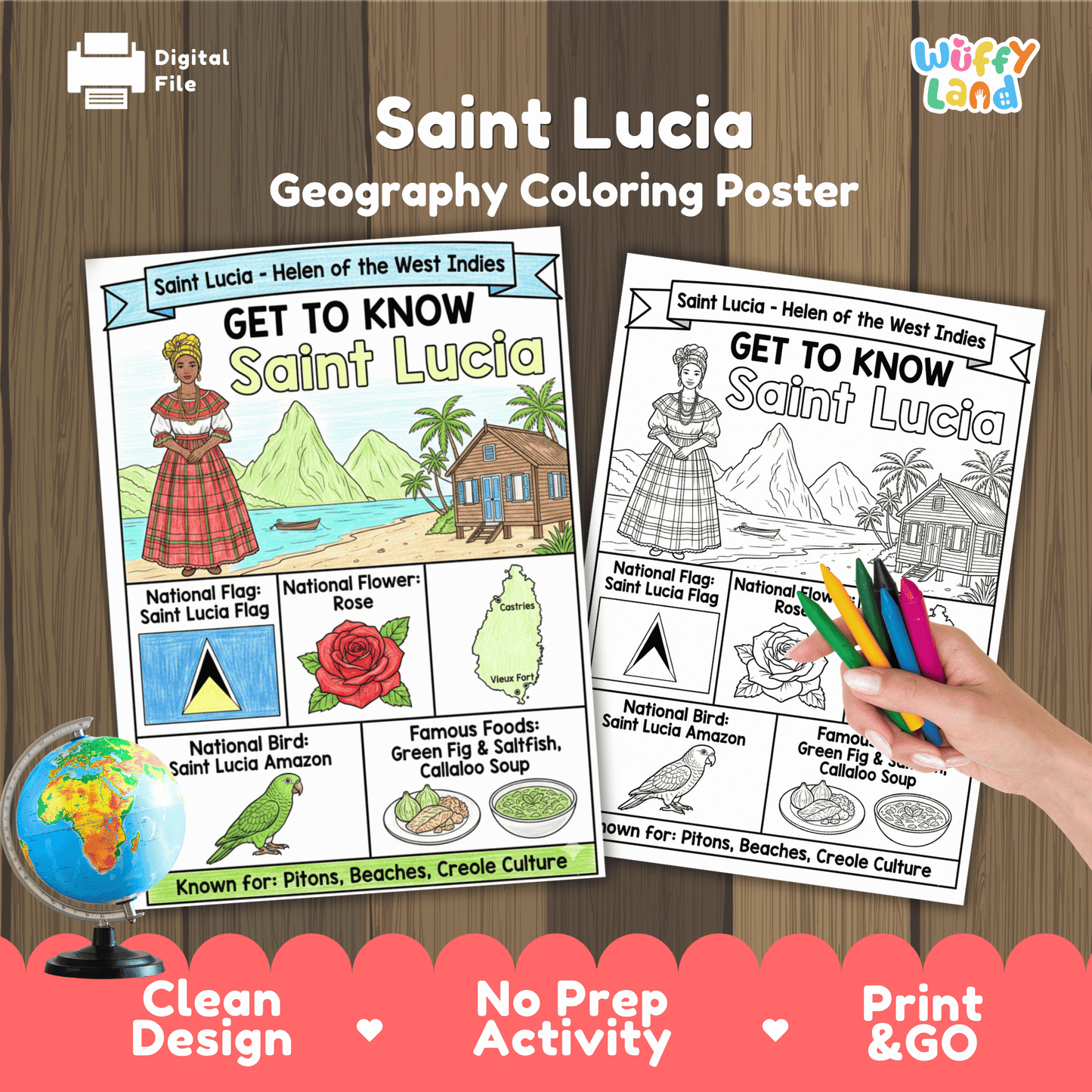 Saint Lucia Country Study Geography Coloring Page Worksheet Activity | Caribbean