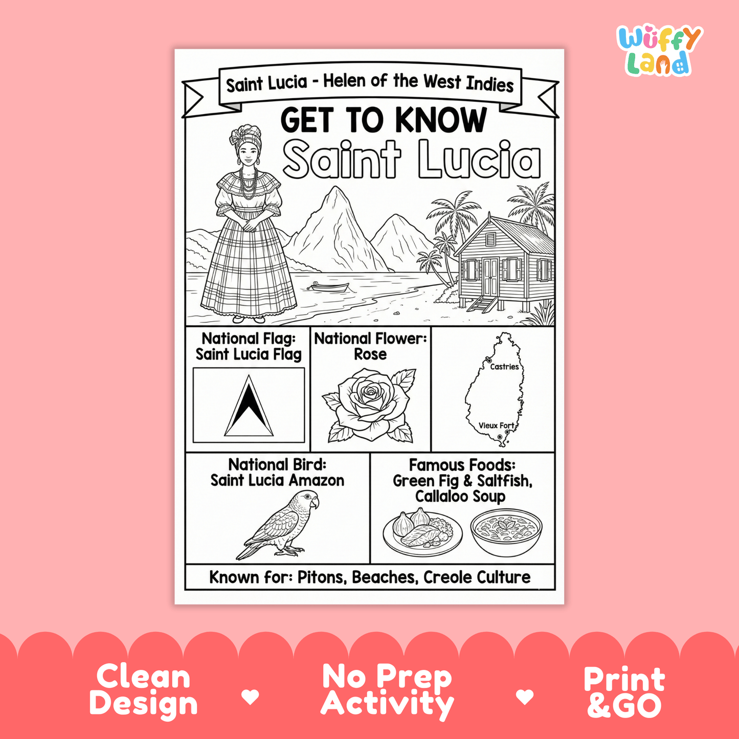 Saint Lucia Country Study Geography Coloring Page Worksheet Activity | Caribbean