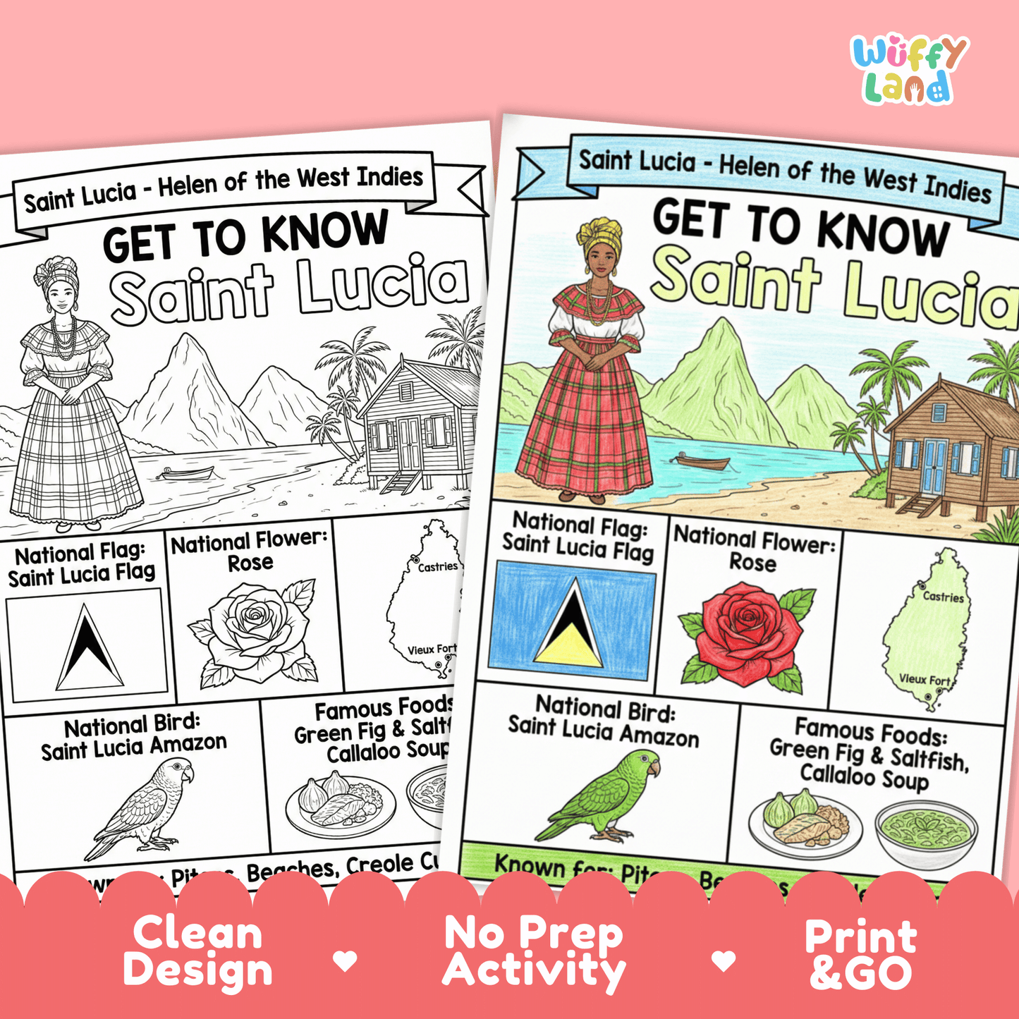 Saint Lucia Country Study Geography Coloring Page Worksheet Activity | Caribbean